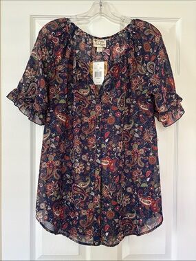 Pretty Rebellious Navy Paisley Ruffle Sleeve Blouse